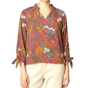 Cynthia Rowley puff sleeve blouse orange pink floral print V-neck 3/4 sleeve S